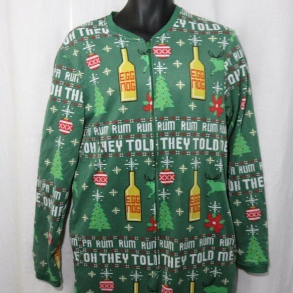 Christmas Union Suit Green Egg Nog Rum One Piece Pajamas Size Small - Picture 1 of 8